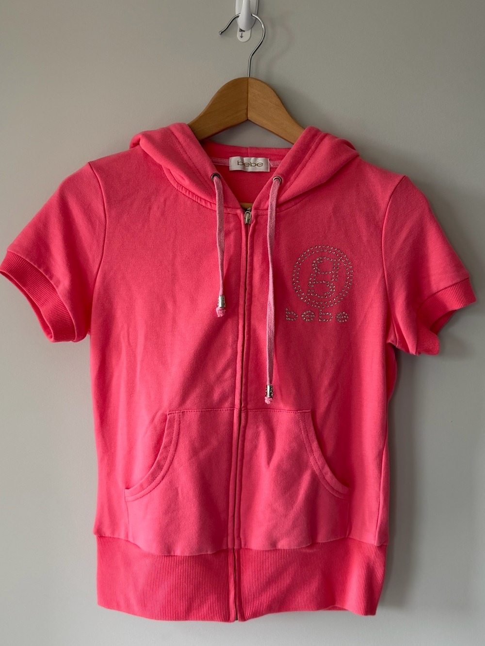 (L) bebe Hot Pink Short-Sleeve Zip Hoodie with Rhinestone Logo